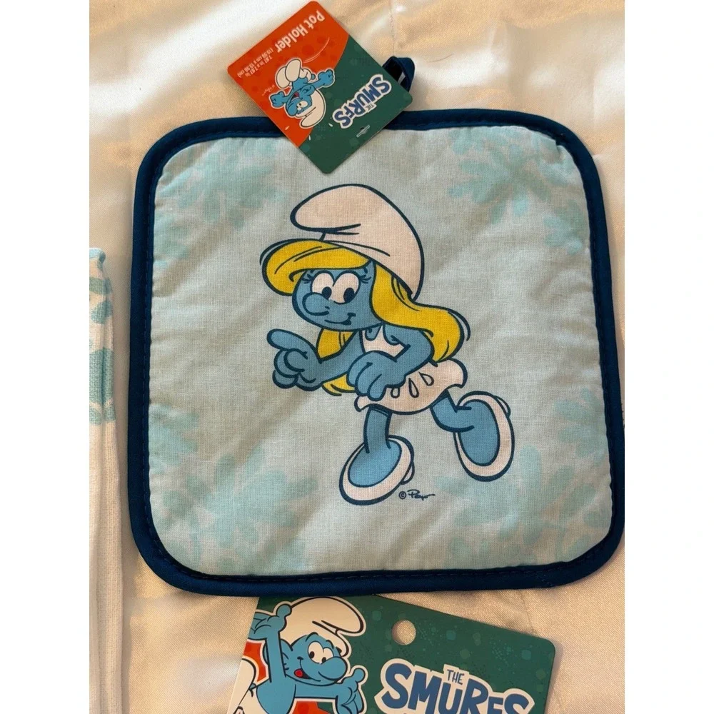 The Smurfs 4pc Kitchen Set Oven Mitt Mini Mitt Pot Holder Towel Blue New NWT